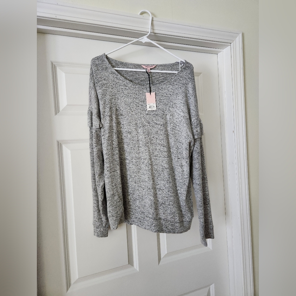 Juicy Couture, Brand New, Embellished Gray Ruffled Sleeve  Sweatshirt